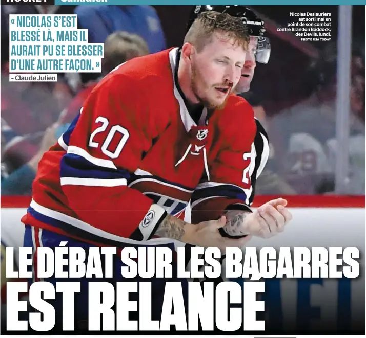  ?? PHOTO USA TODAY ?? Nicolas Deslaurier­s est sorti mal en point de son combat contre Brandon Baddock, des Devils, lundi.