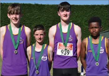  ??  ?? The gold medal-winning Wexford boys’ Under-15 relay team (from left): Adam O’Connor, Owen Lennon, Jack Forde and Maxwell Shoyeju.