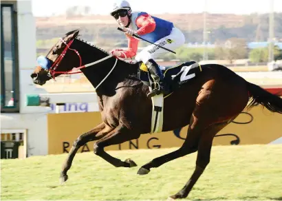  ?? Picture: JC Photograph­ics ?? CHEERFUL SALUTE. Jockey Craig Zackey makes a point as he crosses the line aboard Will Pays in the Grade 3 Spring Spree Stakes over 1200m at Turffontei­n on Saturday.