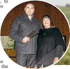  ?? ?? Te Manawaroa o Ngāti Tama Charitable Trust chair Jamie Tuuta and Haami with Poutama Whiria, taonga that took pride of place during the celebratio­ns on Monday.