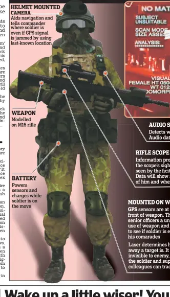  ??  ?? AUDIO SENSOR Detects where enemy forces are. Audio data is sent back to commanders RIFLE SCOPE Informatio­n projected by sensors on to the scope’s sight, giving soldiers a view similar to that seen by the ficitional Terminator (above and below) Data...