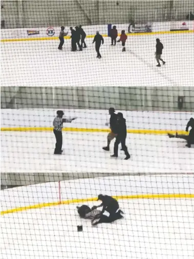  ?? DUCKMILLAR­D ?? A brawl erupted at a Lethbridge, AB rink after an altercatio­n between a 10-year-old hockey player and a referee.