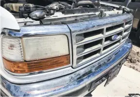  ??  ?? After twenty plus years in the sun, just about everything will start to show it’s age and fade. No more else is this more noticeable on an old truck than the headlights and grille surface. The clouded and yellowed light lenses along with the faded out grille bars were in some definite need of attention when we bought the truck.