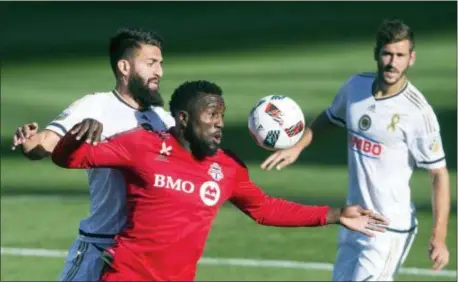  ?? CHRIS YOUNG — THE CANADIAN PRESS VIA AP ?? In this file photo, Richie Marquez, left, is one of five center backs the Union have on its roster. Stewart said the team is sticking with Homegrown talen to fill out its central defense. Sporting director Ernie