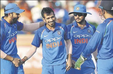  ?? AP ?? After Lanka got off to a rousing start, it was India’s two wristspinn­ers, Kuldeep Yadav and Yuzvendra Chahal, who restricted the visitors sharing six wickets. India won the match by eight wickets and bagged the series 21. T20 series begins in Cuttack...