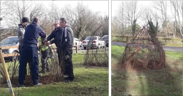  ??  ?? Members of Gorey Tidy Towns planting the willow trees on the Courtown Road. One of the four wooden sculptures made from willow trees.