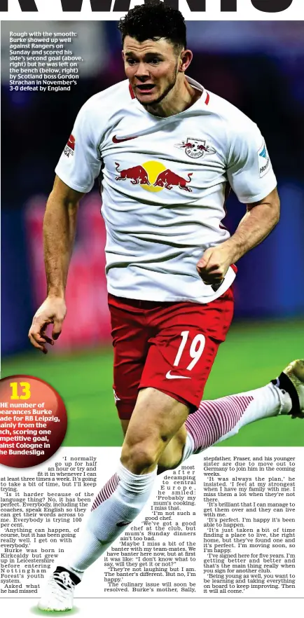  ??  ?? Rough with the smooth: Burke showed up well against Rangers on Sunday and scored his side’s second goal (above, right) but he was left on the bench (below, right) by Scotland boss Gordon Strachan in November’s 3-0 defeat by England