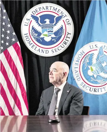  ?? WHITNEY SHEFTE For the Miami Herald ?? Homeland Security Secretary Alejandro Mayorkas speaks during an interview with McClatchy and the Miami Herald at the DHS headquarte­rs in Washington on April 4.