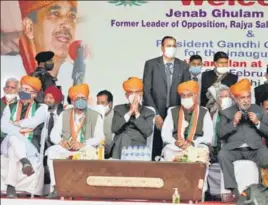  ?? PTI ?? Congress leaders Vivek Tankha, Kapil Sibal, Ghulam Nabi Azad, Bhupinder Singh Hooda and Anand Sharma during the 'Shanti Sammelan' event in Jammu on Saturday.