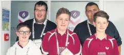  ??  ?? Pictured (back row, from left) are Jordan Abbott and Jordan McGarry from Halton Table Tennis Club who were selected as technical officials at the UK School Games held at Loughborou­gh University. Also pictured (front row, from left) are three players...