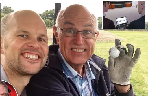  ??  ?? TRUE VOICE: Stuart Moss and his golfing father Brian. Inset, the new device and Stephen Hawking