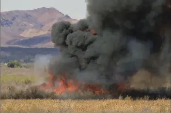  ?? PHOTO RANDY HOEFT, YUMA SUN ?? Flame and dense black smoke rise Monday afternoon from what is called the Bermuda Fire, located 15 miles northeast of yuma near Mittry Lake. The 1,300acre wildfire was reportedly 40 percent contained as of Tuesday.