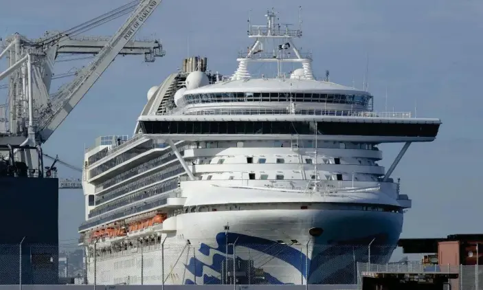  ??  ?? The Grand Princess cruise ship at the Port of Oakland on Wednesday. Photograph: Ben Margot/AP