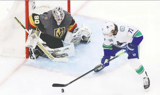  ?? GERRY THOMAS/USA TODAY SPORTS ?? Robin Lehner and the Vegas Golden Knights could face Tyler Toffoli and the Vancouver Canucks five times in seven nights if their series goes the distance.