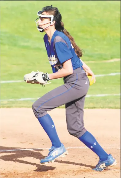  ?? Richard Gregory / Hearst Connecticu­t Media file photo ?? Brookfield’s Emma Sands fires a pitch against Kolbe Cathedral in game in Brookfield last season.