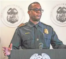  ?? EBONY COX / MILWAUKEE JOURNAL SENTINEL ?? Milwaukee Acting Police Chief Jeffrey Norman speaks before the ribbon cutting ceremony for the unveiling of the new office space for the Milwaukee Area Violent Crime Task Force April 30 at the Milwaukee Police Administra­tion Building.