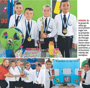  ??  ?? HONOR. Este grupo de niños ganó el primer lugar con su proyecto de la rueda de Chicago. Unos enseñaron cómo proteger los pulmones, y el funcionami­ento del semáforo.