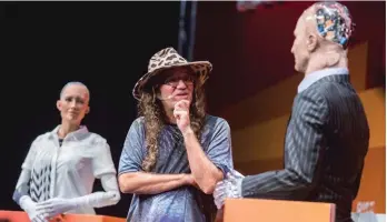  ??  ?? (left) Goertzel (centre) having a lively debate with the humanoids Sophia and Han on stage. (below) Hanson with his company’s creations, Sophia and Han – humanoids that are just a taste of things to come.