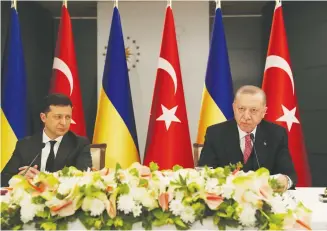  ?? (Murat Cetinmuhur­dar/Presidenti­al Press Office) ?? TURKISH PRESIDENT Tayyip Erdogan and Ukraine’s President Volodymyr Zelenskiy attend a joint news conference in Istanbul yesterday.