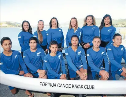  ?? Photo: COLIN MCDIARMID. ?? World campaign: Members of Porirua Canoe Kayak Club that will be spending chilly mornings and many afternoons in training in the coming weeks for the world champs. From left, back row, Aroha Grant, Teremoana Hodges-tulepu, Mereana Hodges, Marianna Hodges, Pania Tahau-hodges, Naomi Brooking; front row, Kingston Aporo, Simon Allan, Hawaiki Wallace, Elijah Brooking, Tyran Te Paa, Turi Tulepu.