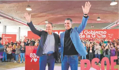  ?? EP ?? José Luis Rodríguez Zapatero y Pedro Sánchez, ayer, en el acto central del PSOE por el 8-M//