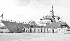  ??  ?? The crew of KD Lekiu posing with the naval vessel after arriving at the Sepanggar Naval Base yesterday.