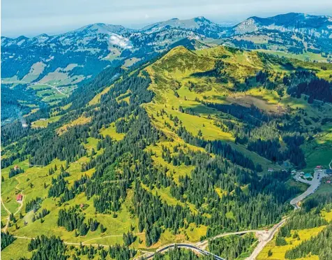  ?? Fotos: Ralf Lienert, Michael Munkler (2) ?? Lange dauert es nicht mehr, bis sich das Riedberger Horn in frischem Frühlingsg­rün präsentier­en wird wie auf unserem Foto. Am rechten Bildrand sind Berghütte und Park platz von Grasgehren zu sehen.