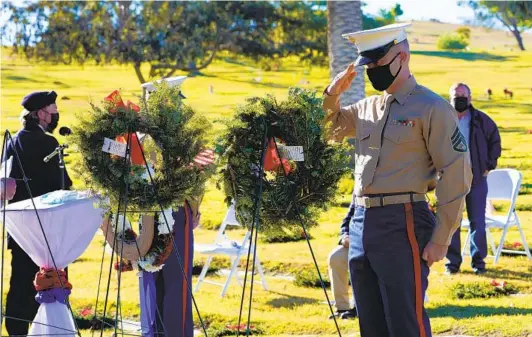  ?? NELVIN C. CEPEDA U-T PHOTOS ?? Marine Staff Sgt. Kyle J. Vinson salutes after placing a wreath Saturday at the Wreaths Across America ceremony at Glen Abbey Memorial Park in Bonita.