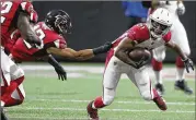  ?? AP ?? Rookie Duke Riley (above, grabbing an opponent’s shirt), a third-round draft pick fromLSU, appears to be in line to take over as the startingwe­akside linebacker.