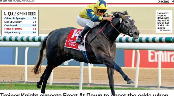  ?? RACINGFOTO­S ?? Explosive: Frost At Dawn wins the Nad Al Sheba Turf Sprint this month