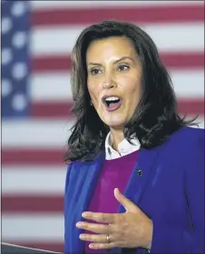  ?? CAROLYN KASTER — THE ASSOCIATED PRESS ?? Michigan Governor Gretchen Whitmer speaks at Beech Woods Recreation Center, in Southfield, Mich., Friday, Oct. 16, 2020.