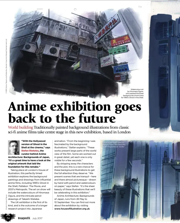  ??  ?? Watercolou­r art by Hiromasa Ogura, who painted the three background­s shown here for 1995’s Ghost in the Shell. Ghost in the Shell’s director, Mamoru Oshii, described the Asian megacities as “exotic”.