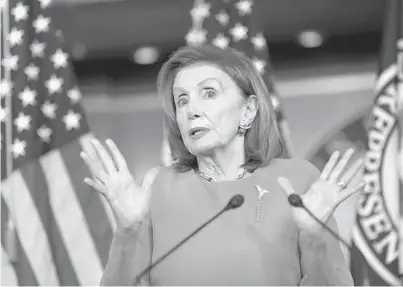  ?? J. SCOTT APPLEWHITE/AP ?? Speaker of the House Nancy Pelosi, D-Calif., updates reporters Thursday on the “Build Back Better” agenda.