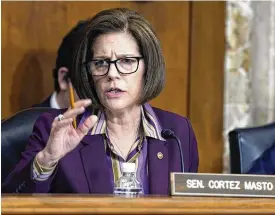  ?? MARIAM ZUHAIB/ASSOCIATED PRESS ?? Many of the nation’ most vulnerable Democrats are actively trying to distance themselves from Washington, including Sen. Catherine Cortez Masto, who is nearing the end of her first six-year term.