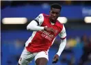  ?? Marc Atkins/Getty Images ?? Eddie Nketiah scored twice against Chelsea and will be hoping for a fine finish to the season before his expected departure. Photograph: