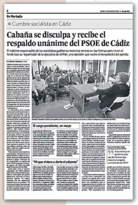  ?? ?? RECTIFICAC­IÓN MATIZADA
Arriba de estas líneas, página de Diario de Cádiz del jueves 18 de marzo de 2010. El día anterior Cabaña se había reunido con la plana mayor de su partido en Cádiz para analizar su espantada. Vino a decir que se equivocó en las formas pero no en el fondo, porque la Alcaldía de Benalup era sagrada para él.