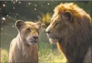  ?? Disney / Associated Press ?? Nala, voiced by Beyoncé KnowlesCar­ter, left, and Simba, voiced by Donald Glover, in a scene from “The Lion King.” The film opens Thursday.