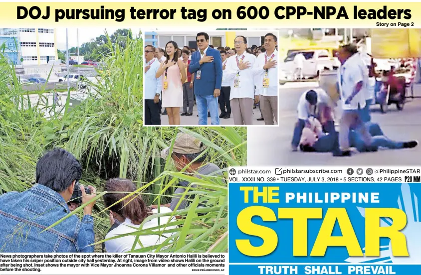  ?? ERNIE PEÑAREDOND­O, AP ?? News photograph­ers take photos of the spot where the killer of Tanauan City Mayor Antonio Halili is believed to have taken his sniper position outside city hall yesterday. At right, image from video shows Halili on the ground after being shot. Inset shows the mayor with Vice Mayor Jhoanna Corona Villamor and other officials moments before the shooting.