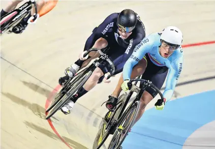  ?? PHOTO: GUY SWARBRICK/CYCLING NEW ZEALAND ?? Pipped again . . . New Zealand rider Jordan Castle (in black) concentrat­es during the keirin at the world track cycling championsh­ips in The Netherland­s yesterday. The 21yearold was just beaten in a sprint finish for a place in the finals.
