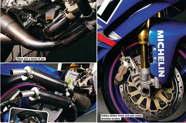  ??  ?? Pipes are a work of art.
Pukka Ohlins forks and pre-radial Brembo brakes.