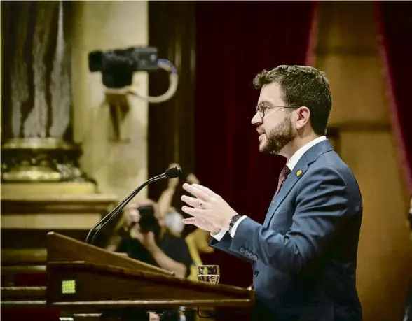  ?? DAVID ZORRAKINO / EP ?? Pere Aragonès durant la seva intervenci­ó en el debat de política general d’ahir al Parlament de Catalunya