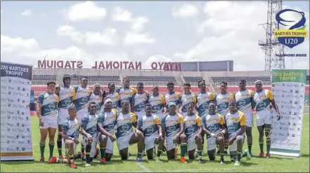  ?? ?? The Junior Sables pose for a team photo before their Rugby Africa U20 Barthes Trophy tie against Tunisia in Nairobi yesterday