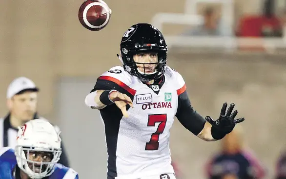  ?? JOHN MAHONEY ?? Redblacks quarterbac­k Trevor Harris threw for just 93 yards and two intercepti­ons in Ottawa’s last home drubbing. He will be looking for a big game today against the Lions.