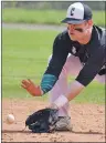  ?? JASON MALLOY/THE GUARDIAN ?? Charlottet­own Gaudet’s Auto Body Islanders second baseman Grant Grady stays down on a ground ball Monday at Memorial Field during New Brunswick Senior Baseball League action.