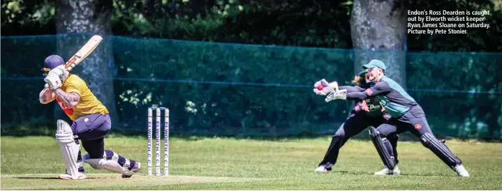  ??  ?? Endon’s Ross Dearden is caught out by Elworth wicket keeper Ryan James Sloane on Saturday. Picture by Pete Stonier.