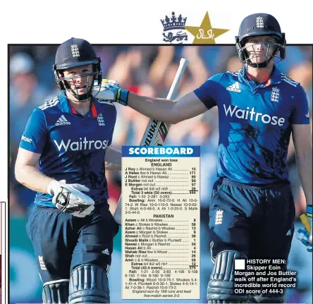  ??  ?? HISTORY MEN: Skipper Eoin Morgan and Jos Buttler walk off after England’s incredible world record ODI score of 444-3