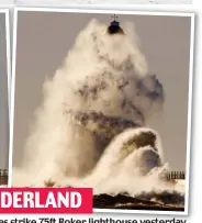  ?? ?? Snow go zone: Children check out flakes falling in Haverhill Wet and wild: Huge waves strike 75ft Roker lighthouse yesterday