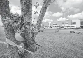  ?? Melissa Phillip / Houston Chronicle ?? Flowers are placed among crime scene tape as buses bring people to Santa Fe High School to retrieve their belongings the day after the mass shooting.