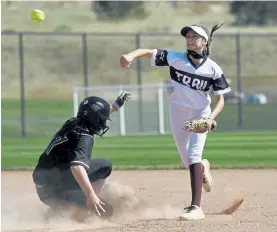  ??  ?? Cherokee Trail infielder Ryleigh Cruz, right, throws to first on a double play in the first inning of Saturday’s Class 5A state championsh­ip game at Aurora Sports Park. Katelyn Hays ( 17) was out on the play.