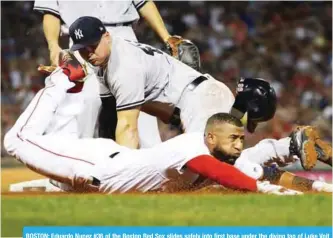  ?? — AFP ?? BOSTON: Eduardo Nunez #36 of the Boston Red Sox slides safely into first base under the diving tag of Luke Voit #45 of the New York Yankees at Fenway Park on August 5, 2018.